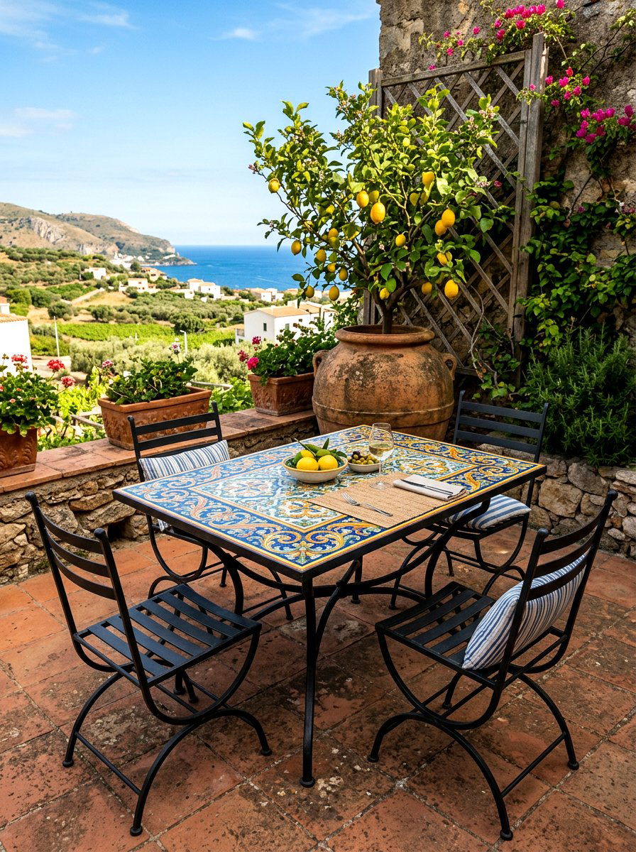 Mediterranean tiled patio table - 30 patio breakfast area ideas