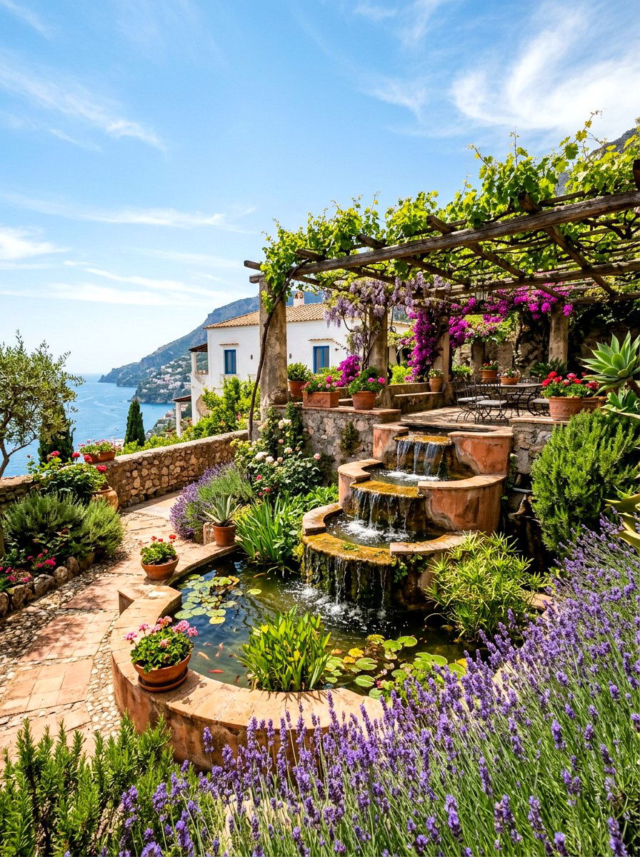 Mediterranean waterfall garden - 30 pondless waterfall ideas