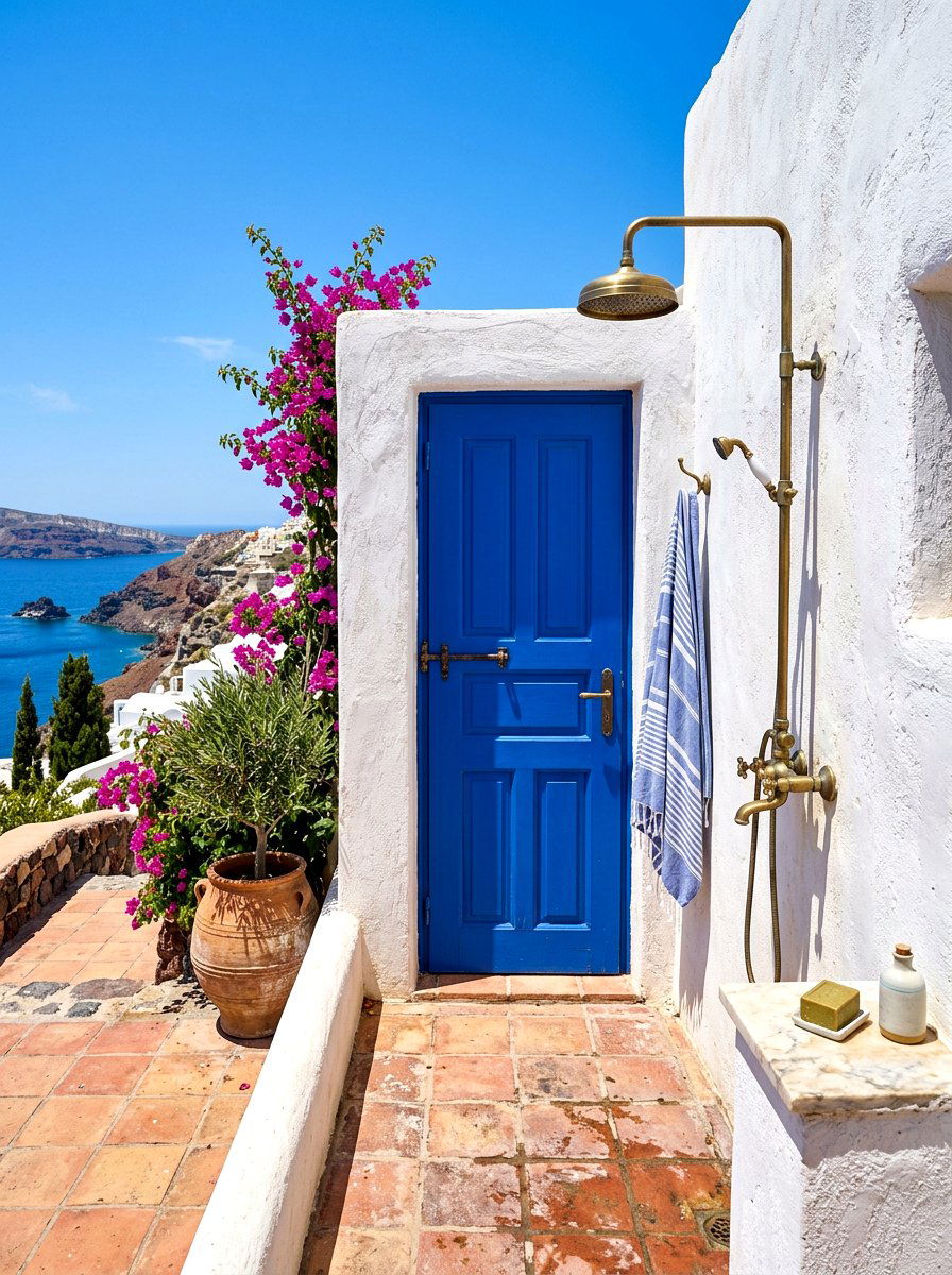 Mediterranean white outdoor shower - 30 outdoor shower summer ideas