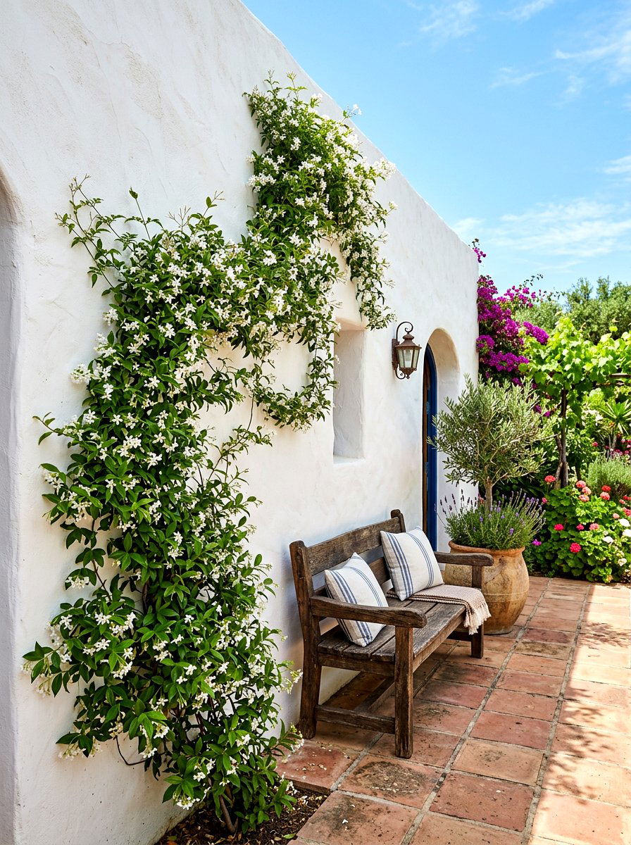 Mediterranean white plaster wall - 30 neutral backyard styling ideas