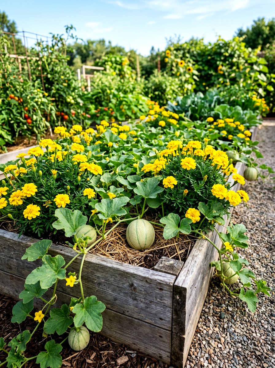Melon And Marigold Companion Planting - 30 raised bed companion planting ideas