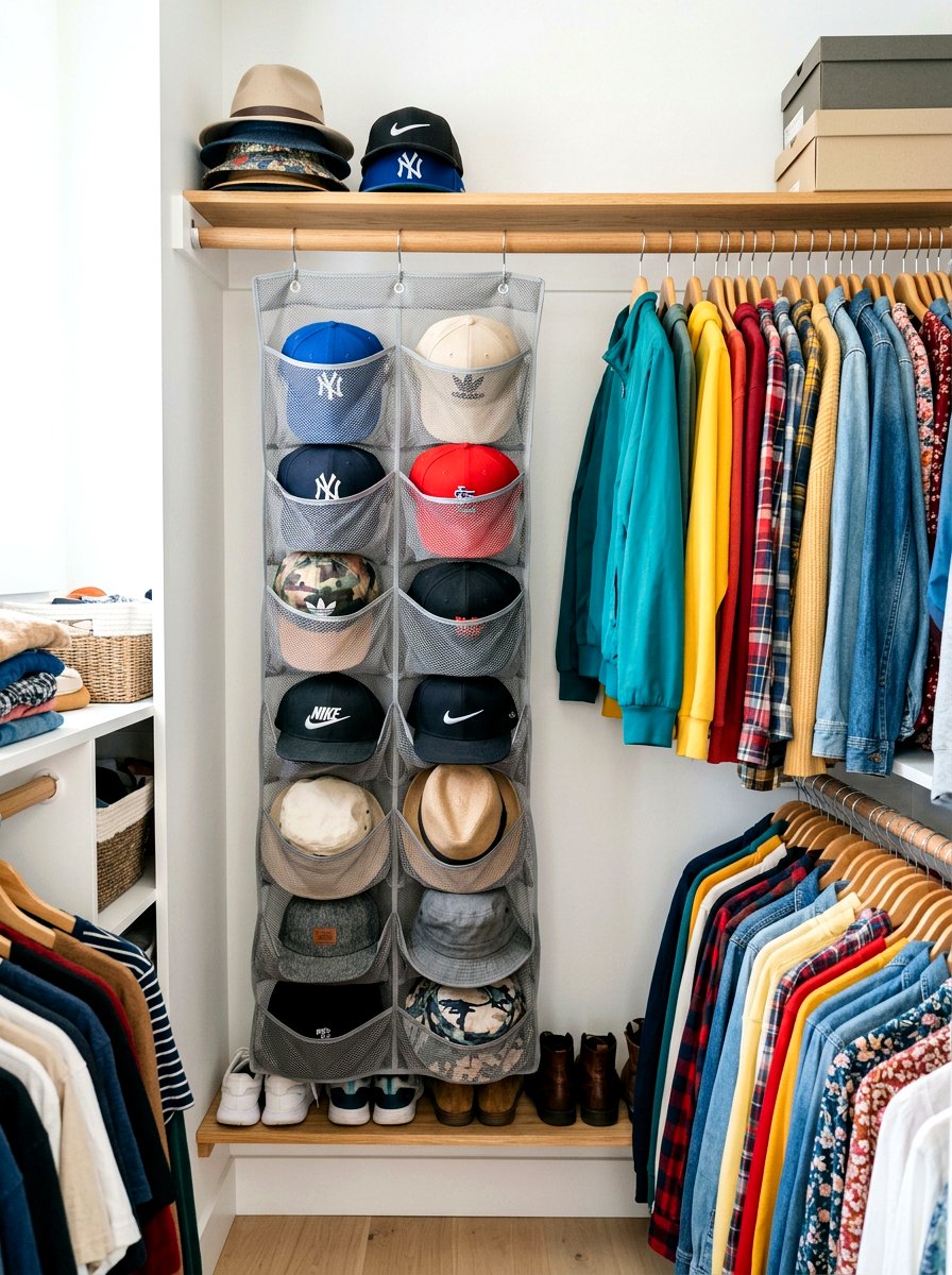 Mesh hat organizer - 30 hat storage closet ideas
