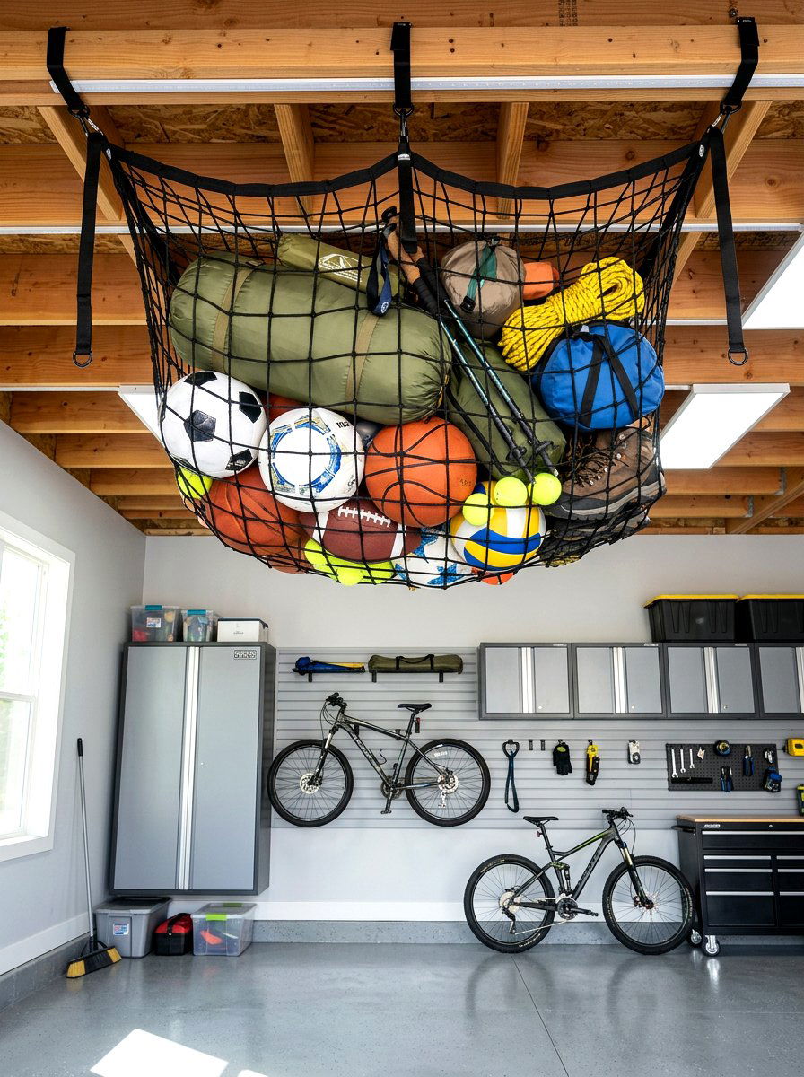Mesh overhead cargo net - 30 garage ceiling storage ideas
