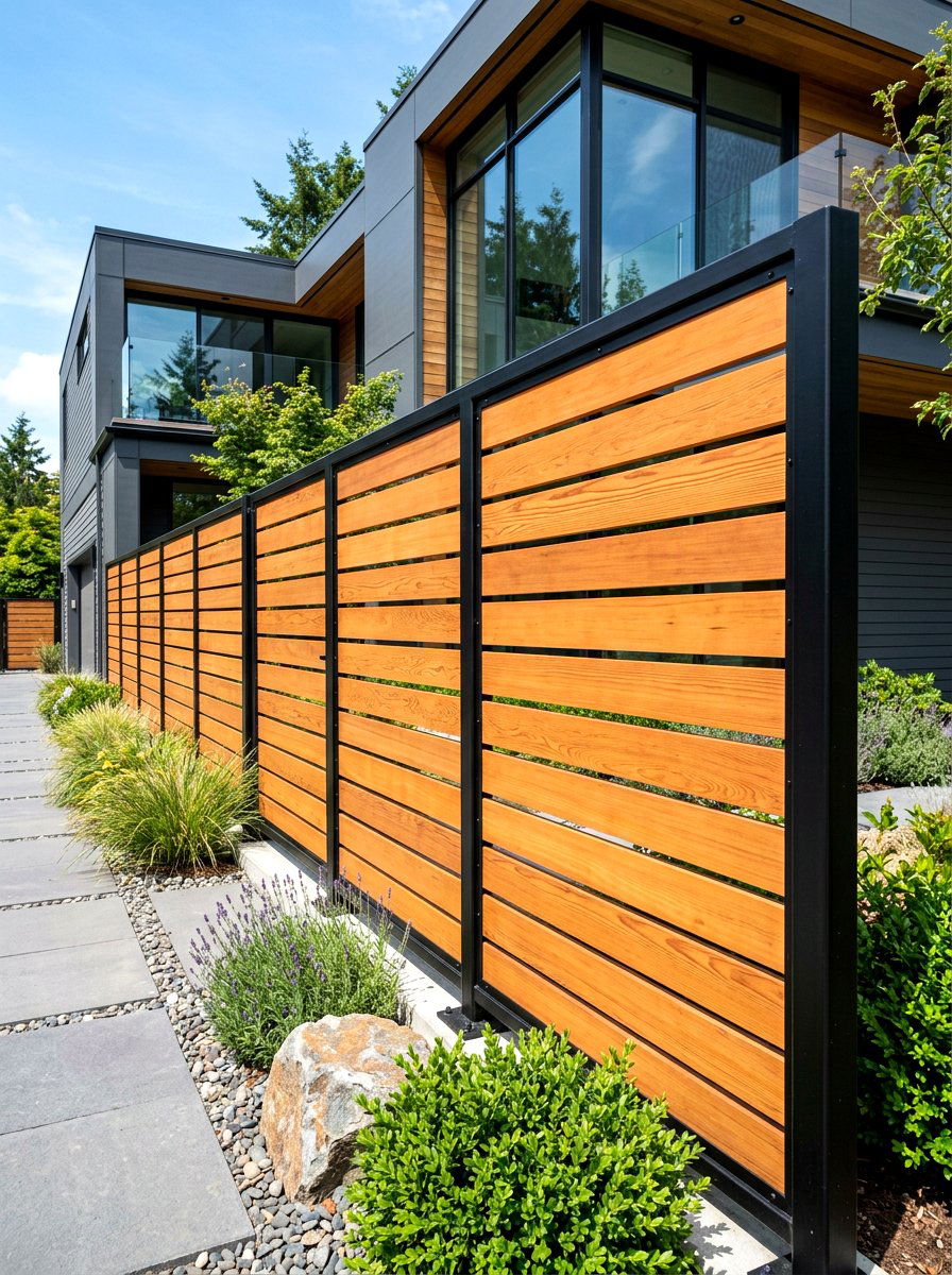 Metal And Wood Hybrid Wall - 30 slatted privacy wall ideas
