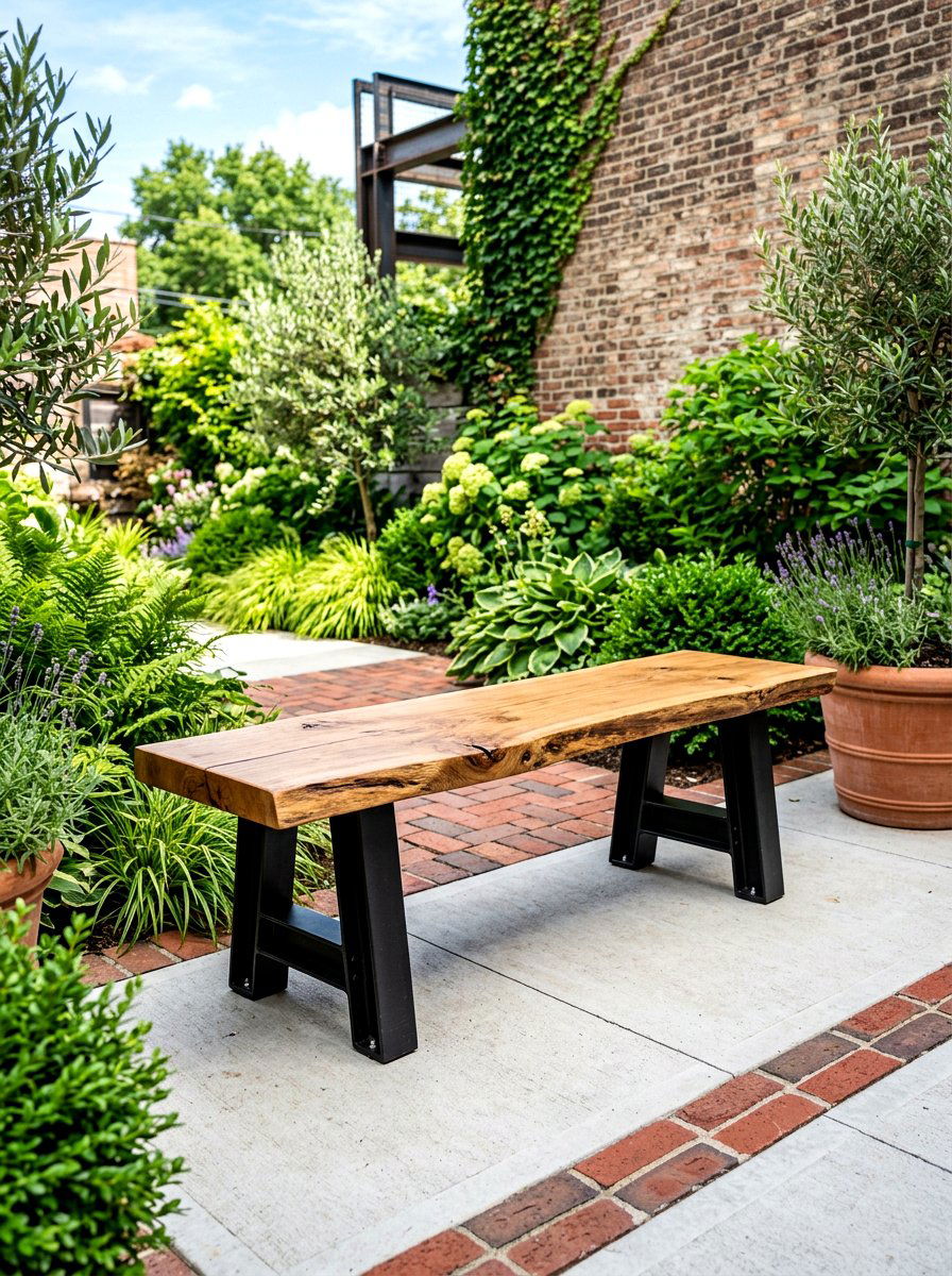 Metal And Wood Industrial Bench - 30 built in patio bench ideas
