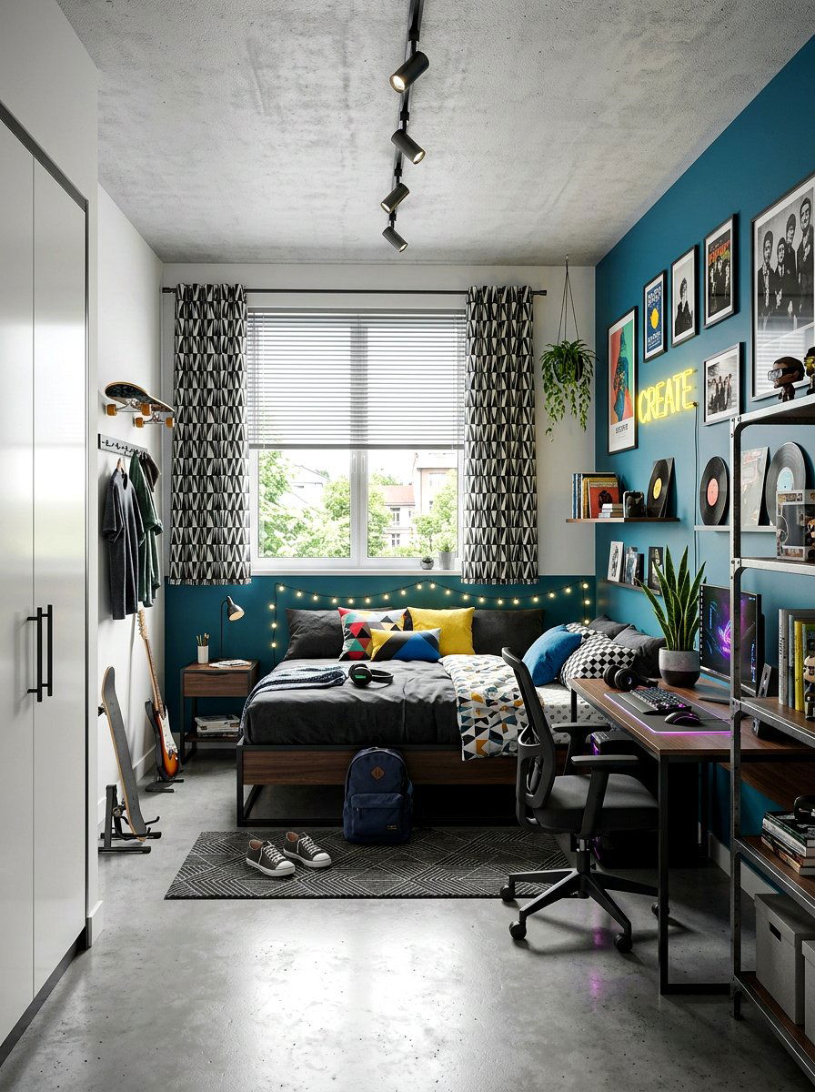 Metal Blind With Modern Geometric Curtains - 30 blind and curtain combo ideas