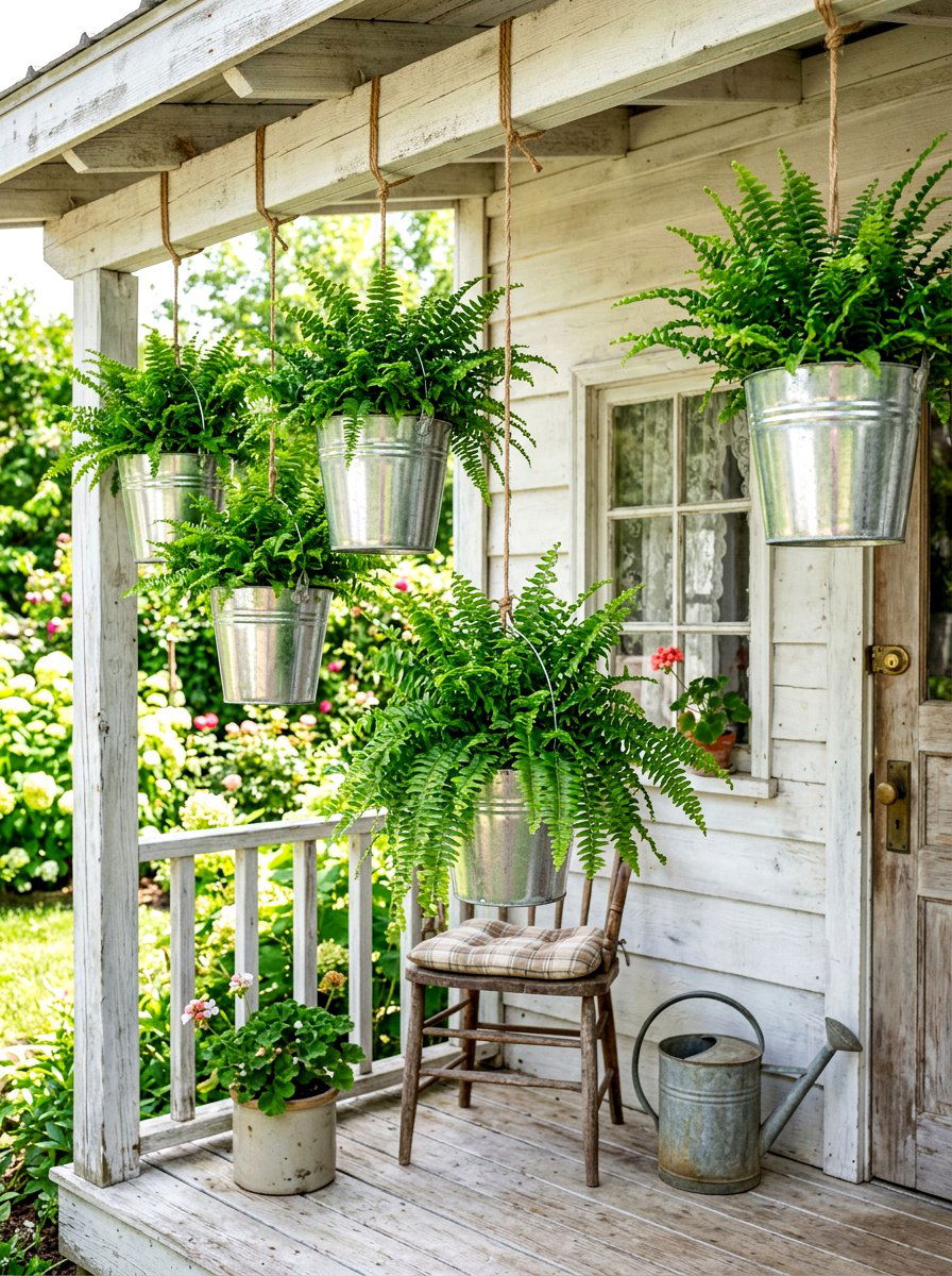 Metal Bucket Hanging Fern Porch - 30 hanging fern porch ideas