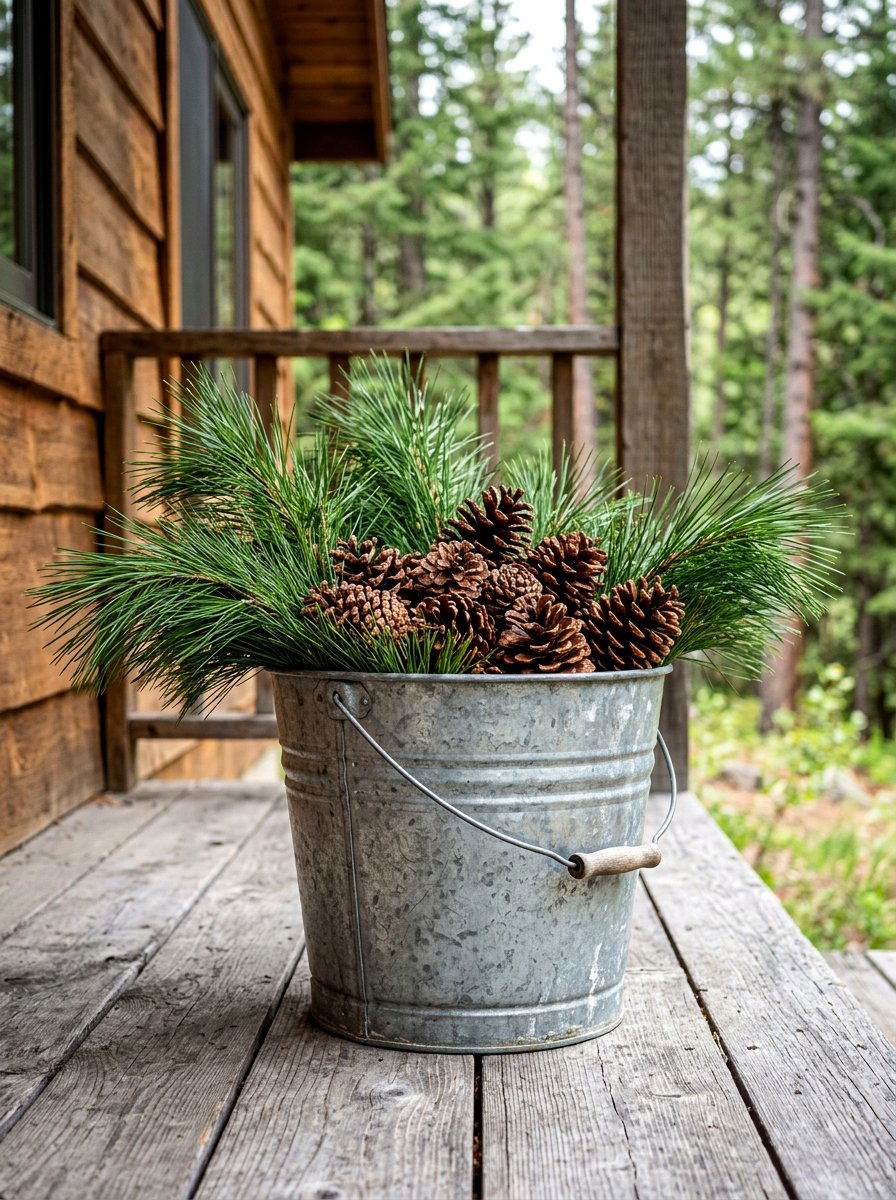 Metal Bucket Pine Stems - 30 winter porch planter ideas
