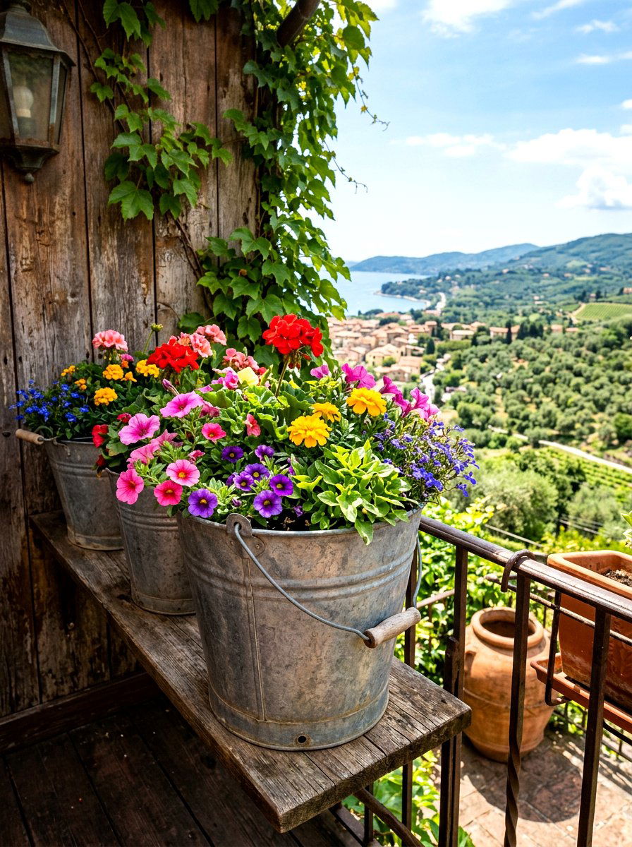 Metal Bucket Planter - 30 small apartment balcony garden ideas