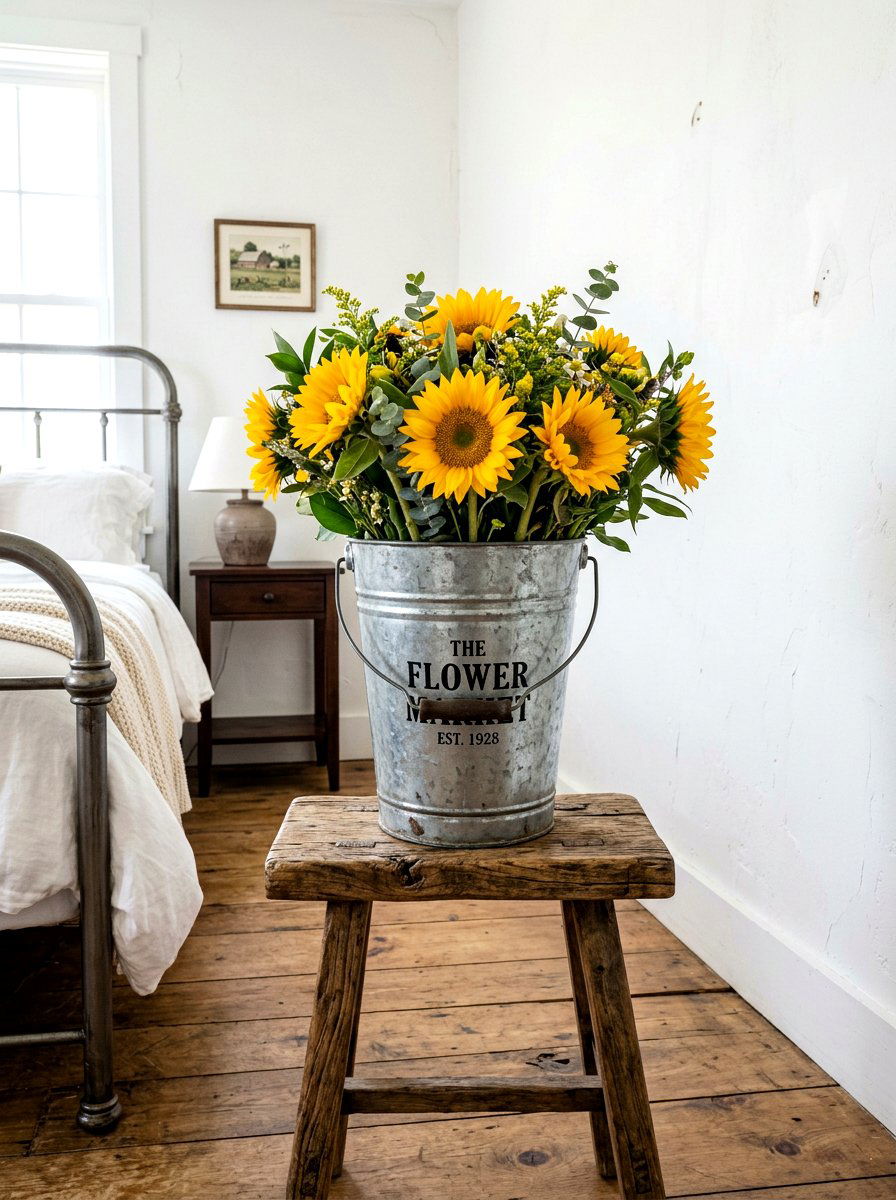 Metal Flower Bucket - 30 flower market bedroom ideas