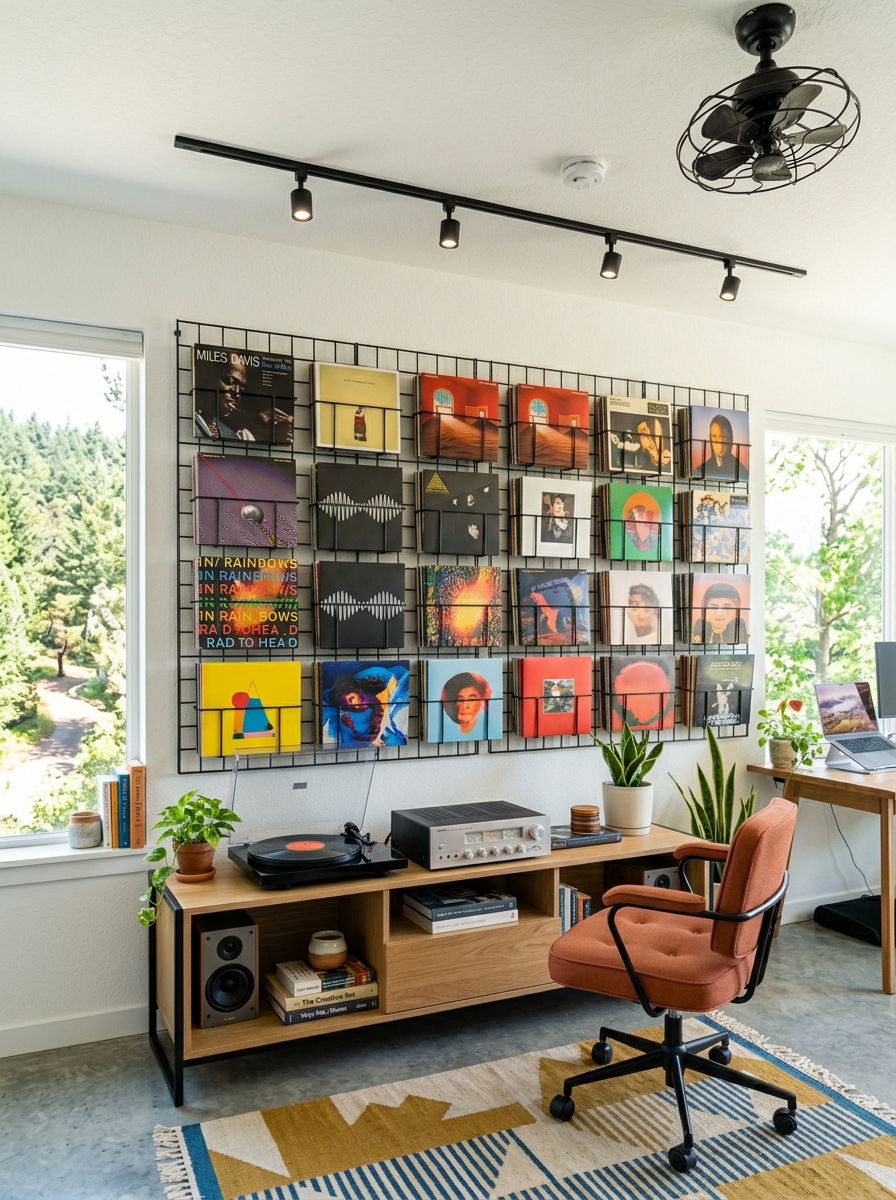 Metal Grid Vinyl Wall Mount - 30 vinyl listening corner ideas
