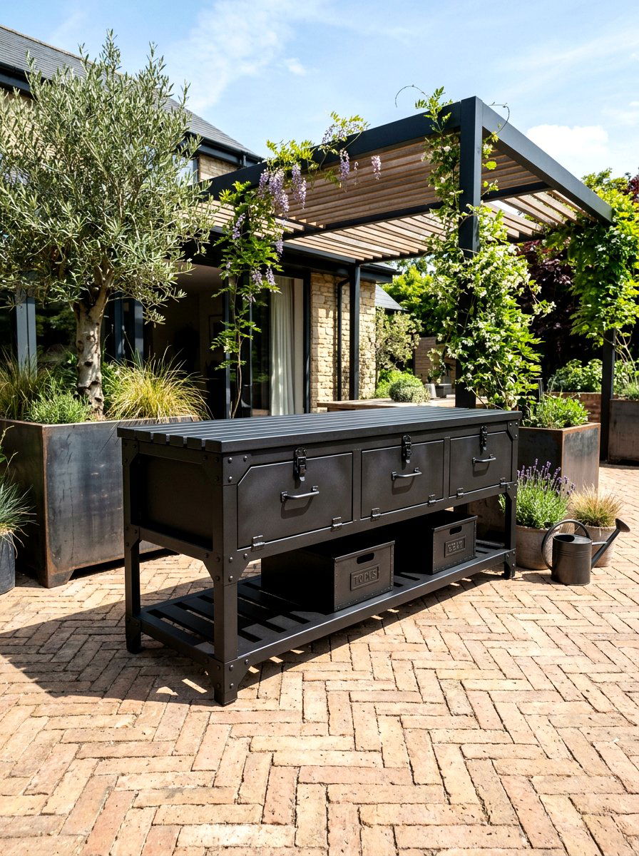 Metal Industrial Storage Bench - 30 patio storage bench seating ideas
