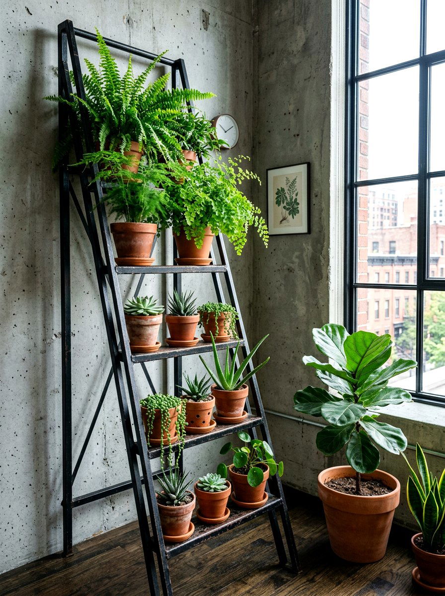 Metal Ladder Stand - 30 apartment plant shelf ideas