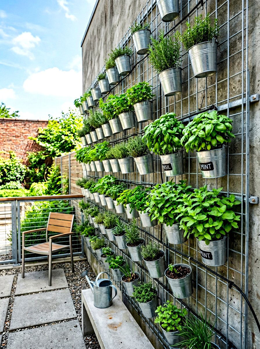 Metal Mesh Grid Herb Wall - 30 vertical garden privacy wall ideas