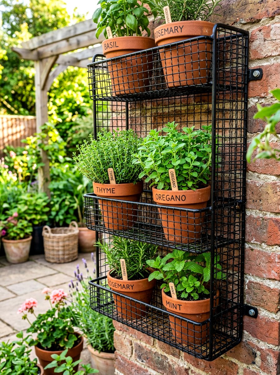 Metal Mesh Herb Rack - 30 rustic vertical garden ideas
