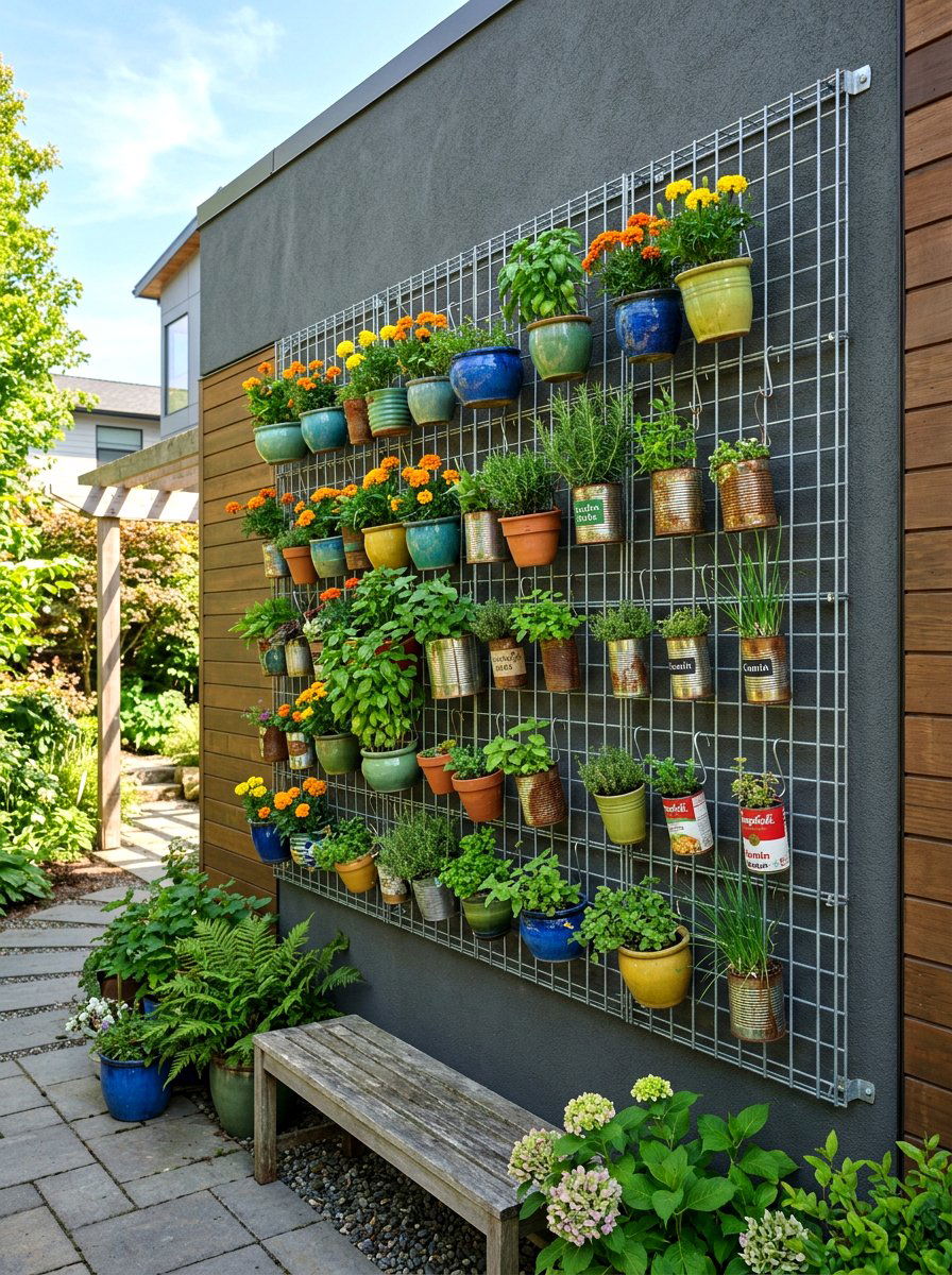 Metal Mesh Wall Garden - 30 vertical flower garden ideas