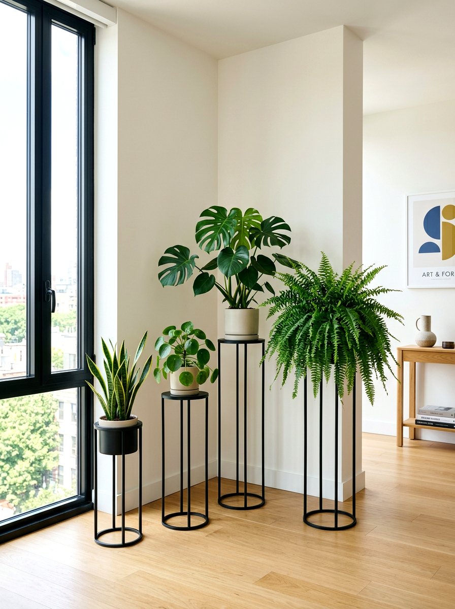 Metal Pedestal Stand - 30 apartment plant shelf ideas