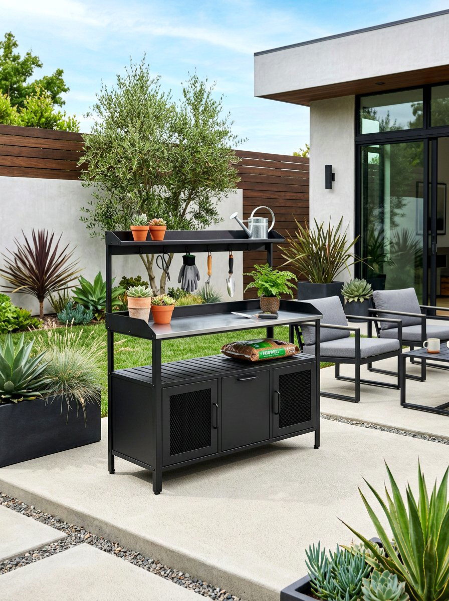 Metal Potting Bench With Storage - 30 outdoor potting station ideas