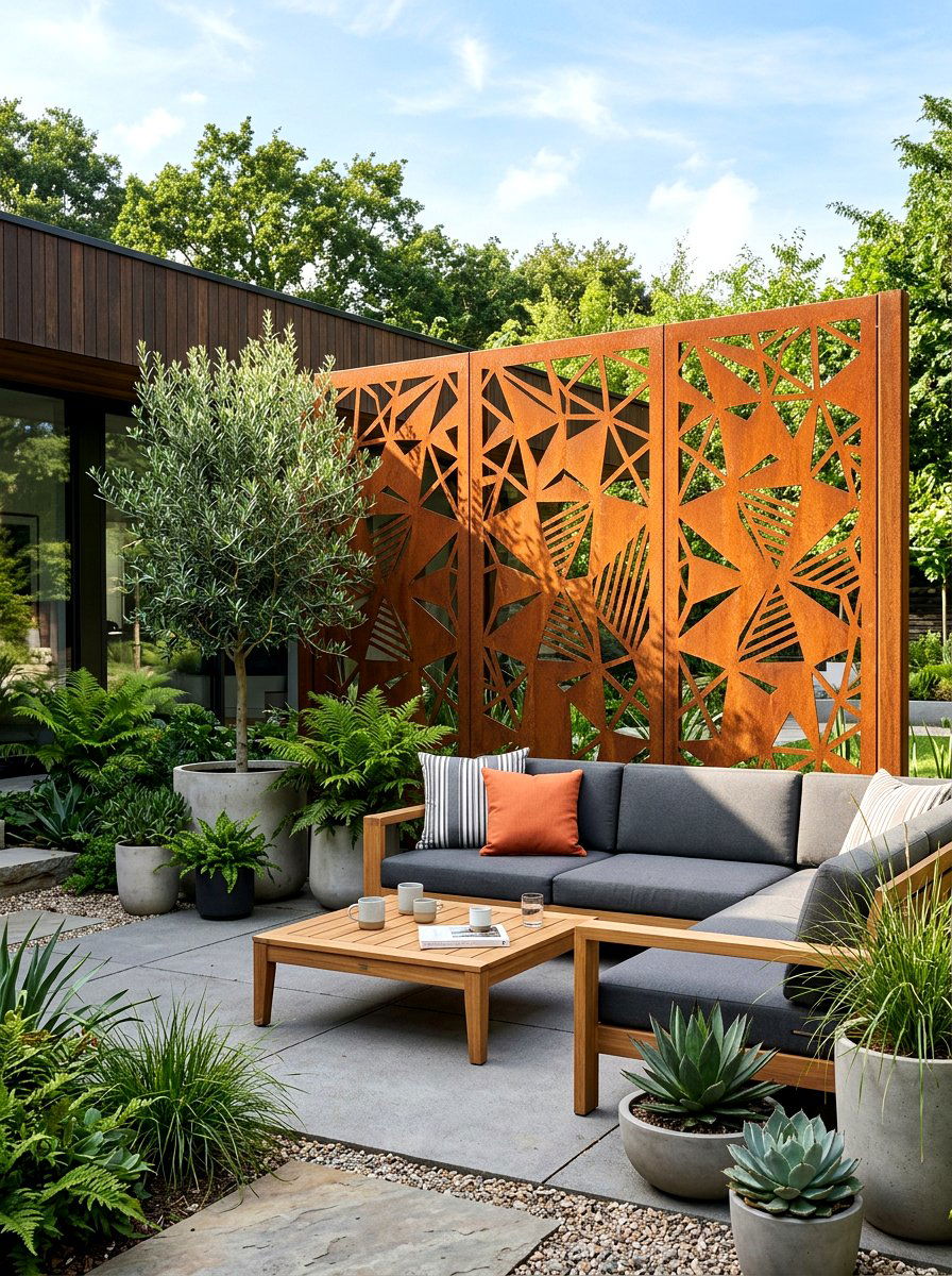 Metal Privacy Screen - 30 warm minimalist backyard ideas