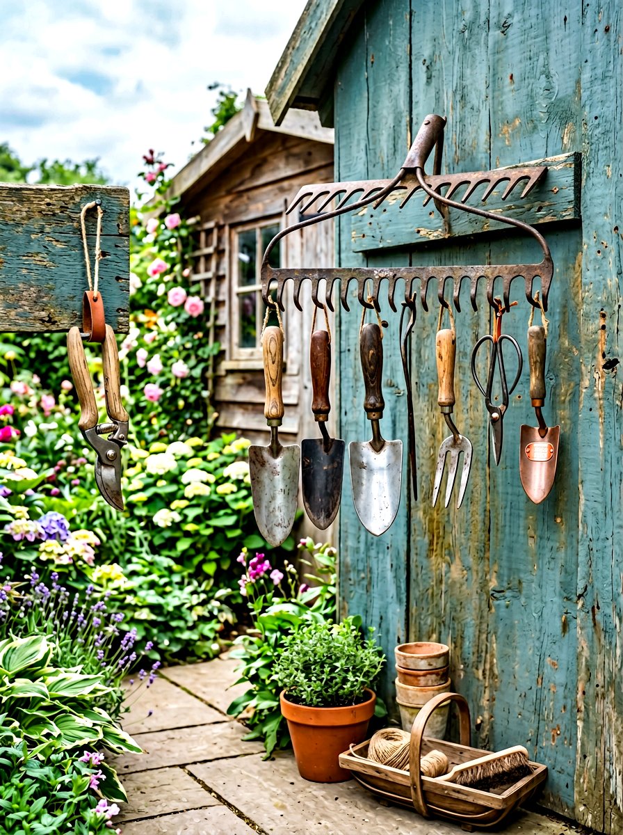 Metal Rake Tool Organizer - 30 repurposed garden decor ideas