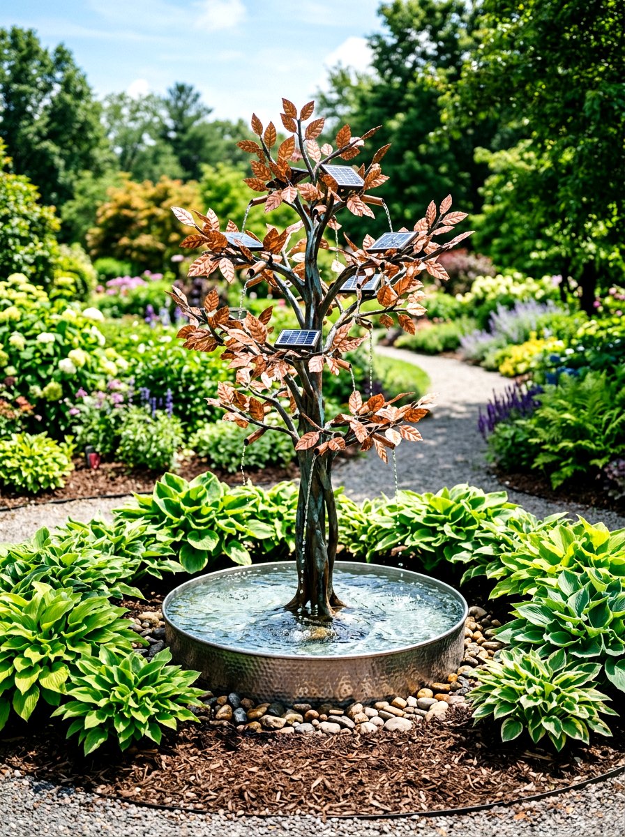 Metal Solar Tree Fountain - 30 solar fountain ideas