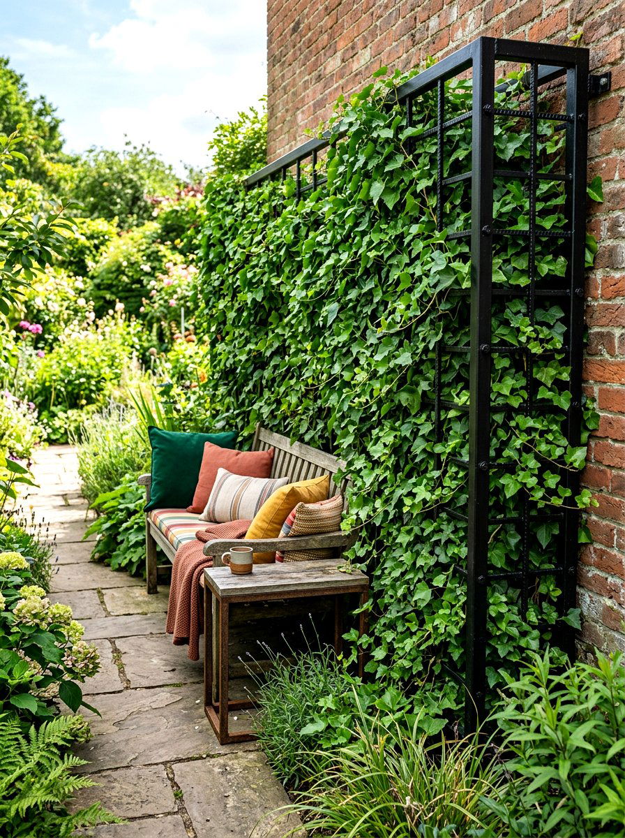 Metal Trellis With Ivy - 30 hedge wall patio ideas