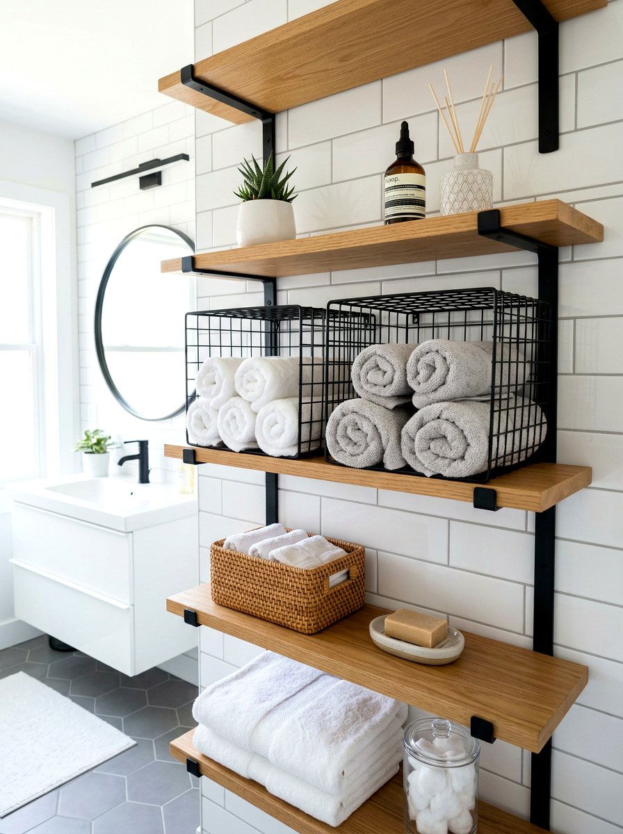 Metal Wire Bathroom Baskets - 30 bathroom linen shelf ideas