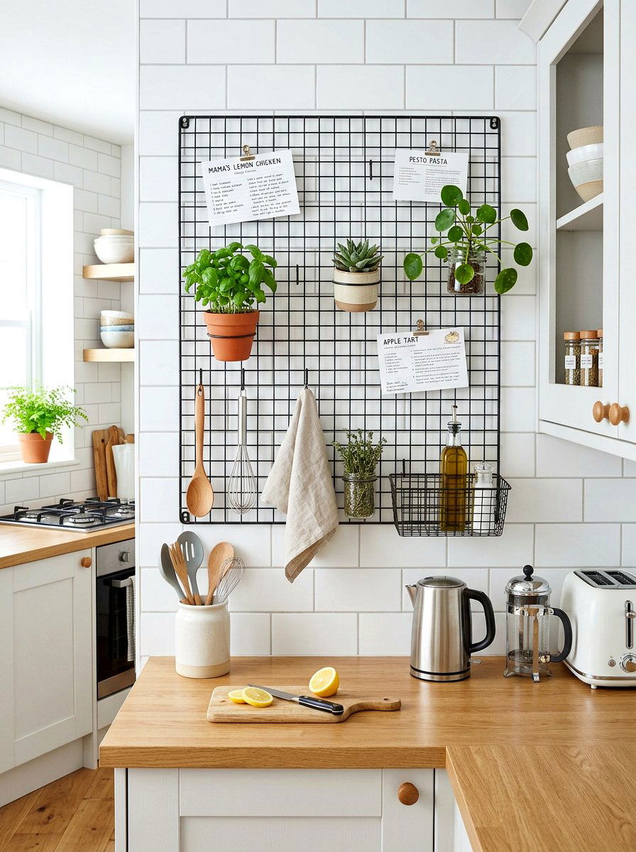 Metal Wire Grid - 30 kitchen wall decor ideas