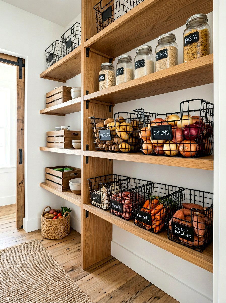 Metal Wire Pantry Baskets - 30 farmhouse pantry ideas