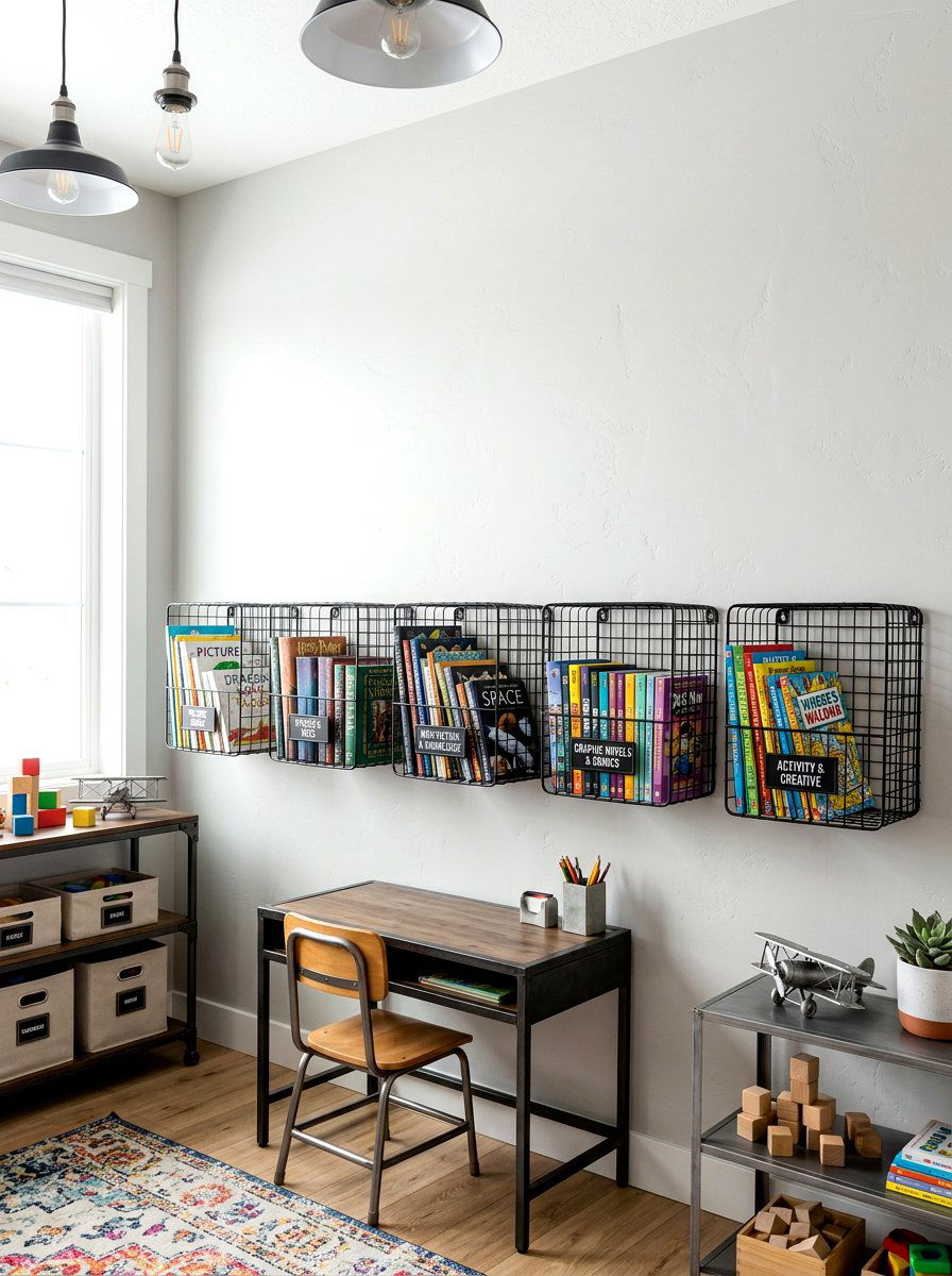Metal Wire Wall Basket - 30 playroom bookshelf ideas