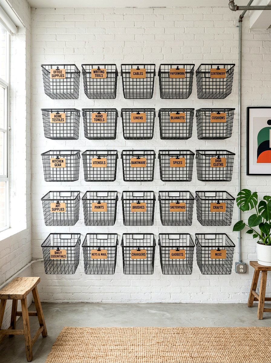 Metal basket wall - 30 drop zone shelf ideas