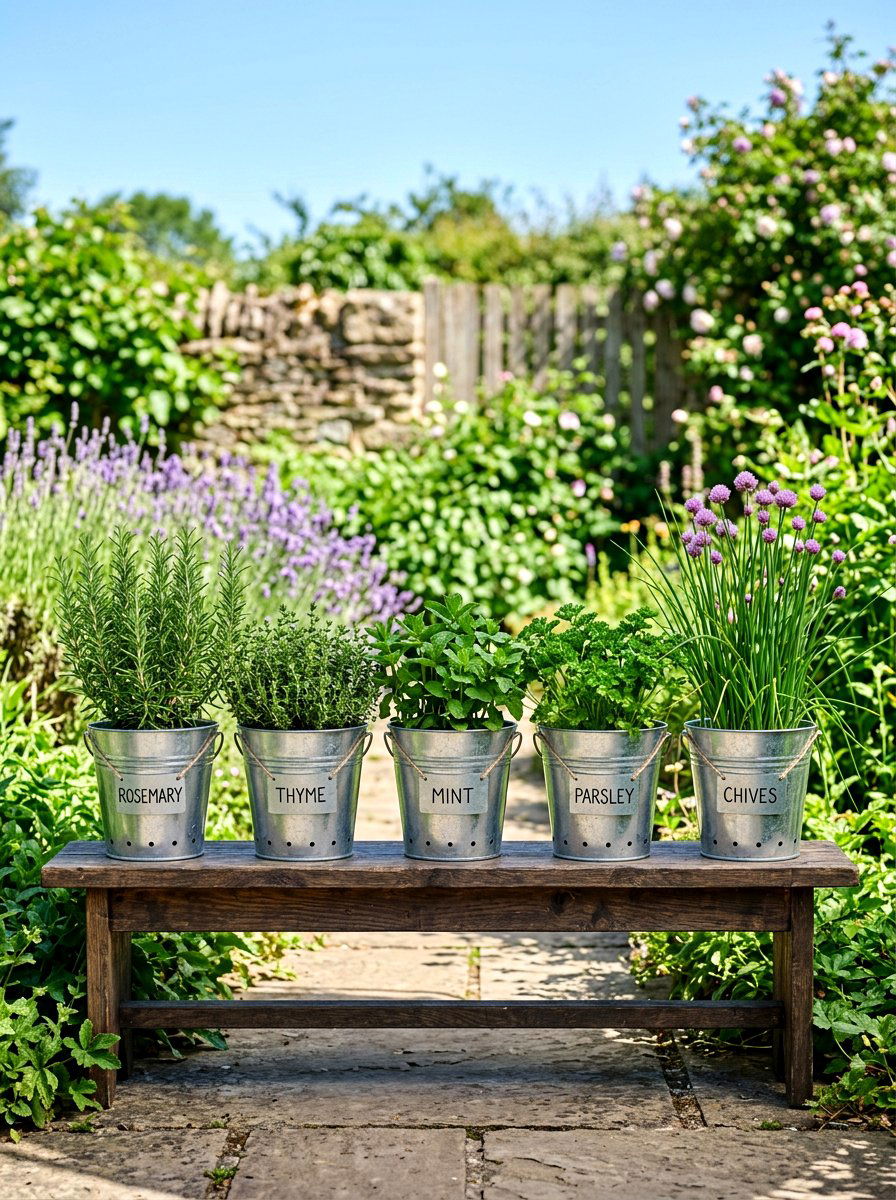 Metal bucket herb garden - 30 backyard herb garden ideas