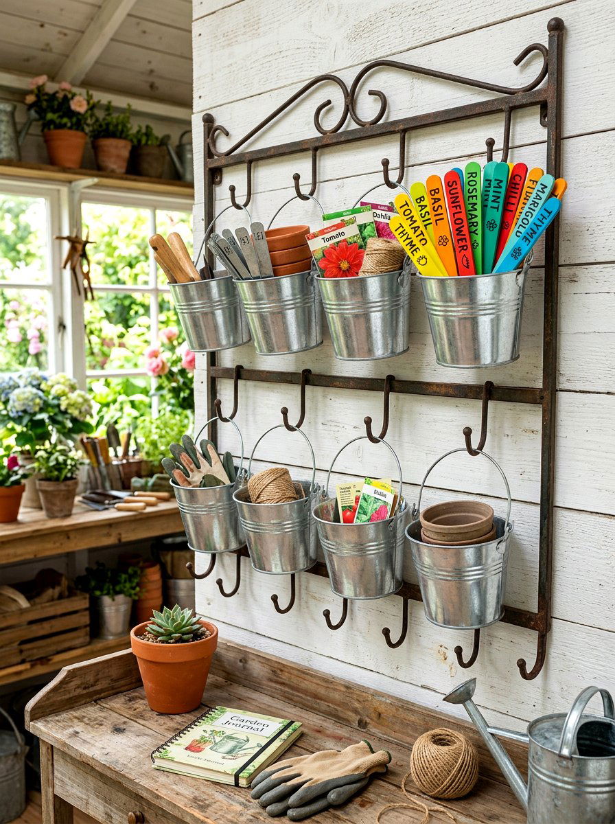 Metal bucket organizer - 30 potting shed storage ideas