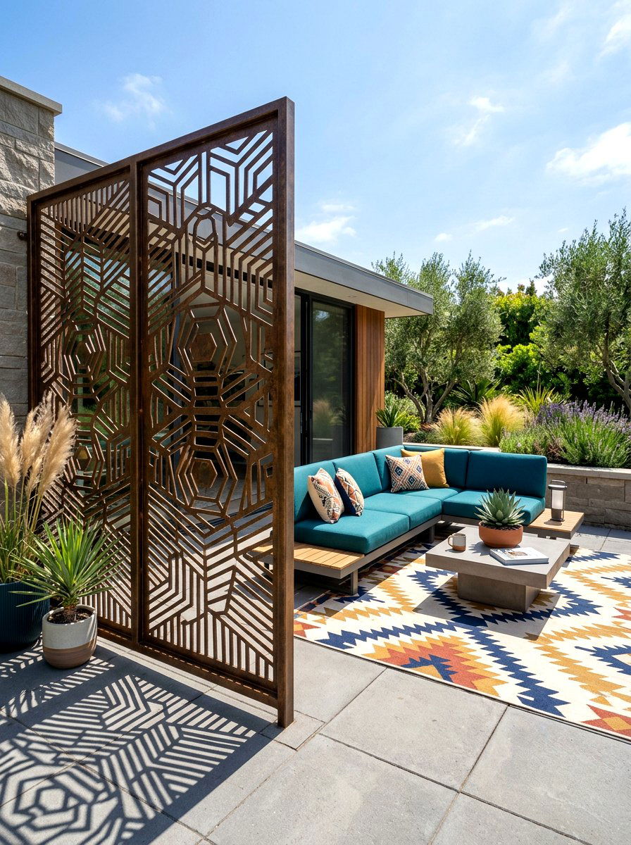 Metal decorative screen - 30 apartment patio privacy ideas