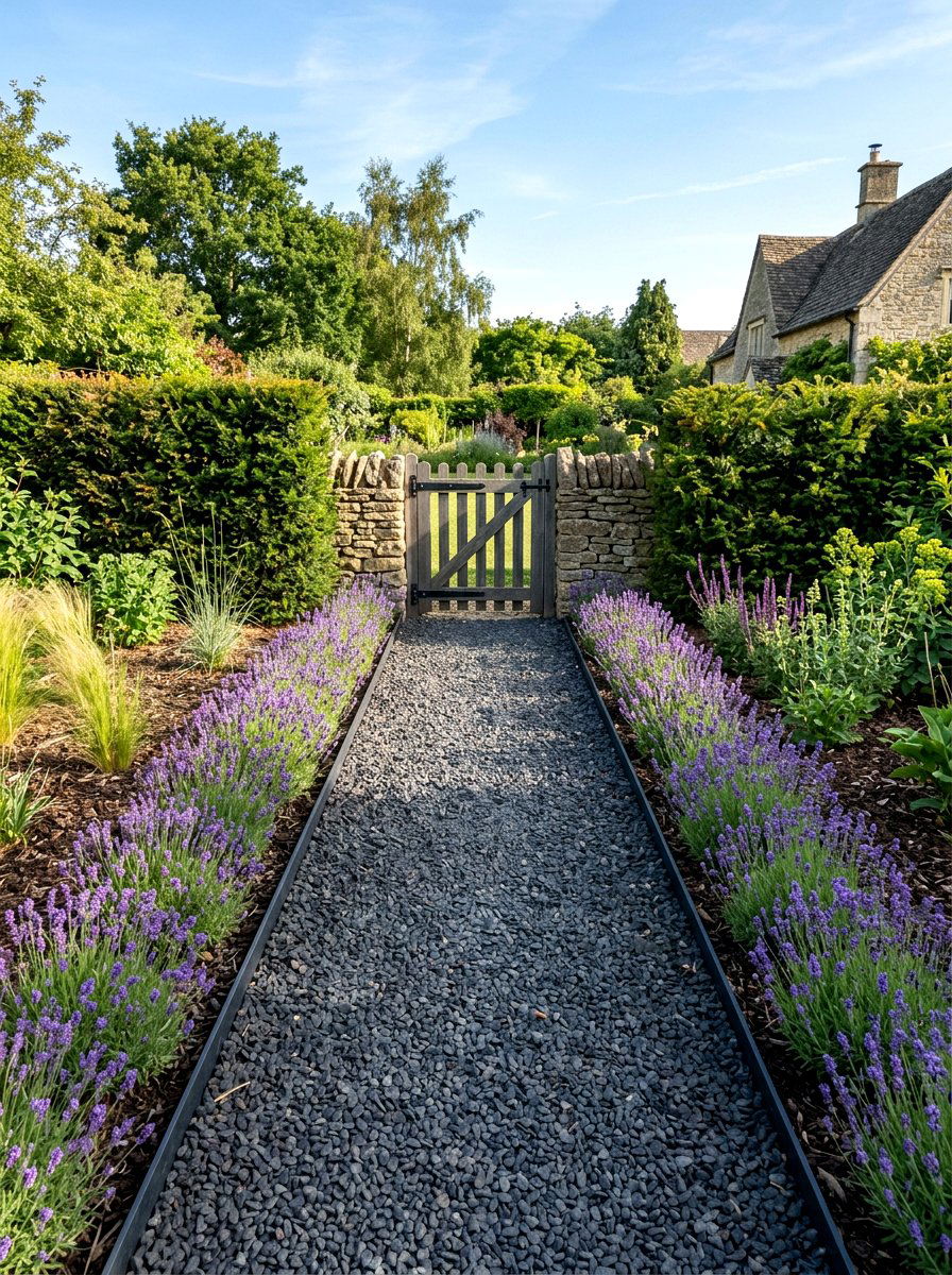 Metal edged gravel path - 30 narrow side yard path ideas