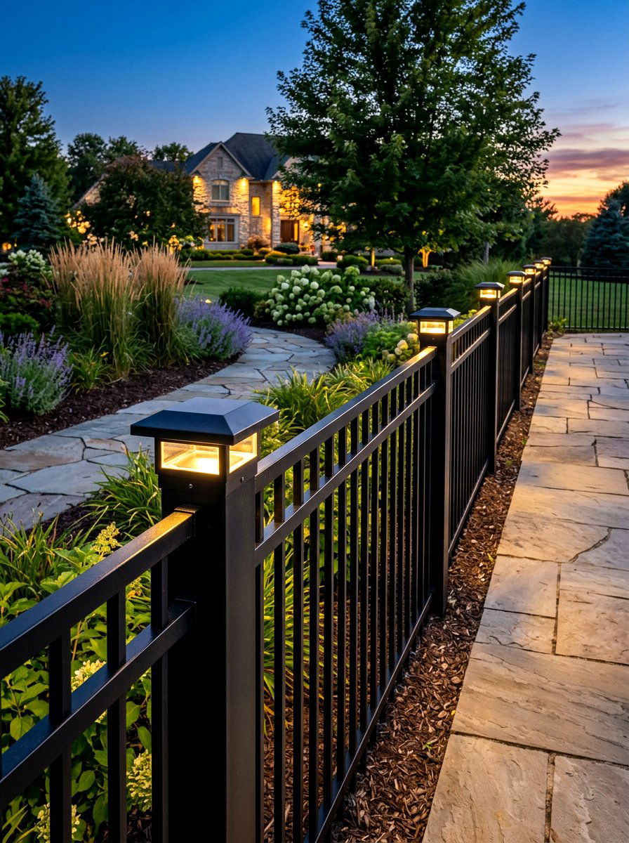 Metal fence post lights - 30 fence lighting ideas
