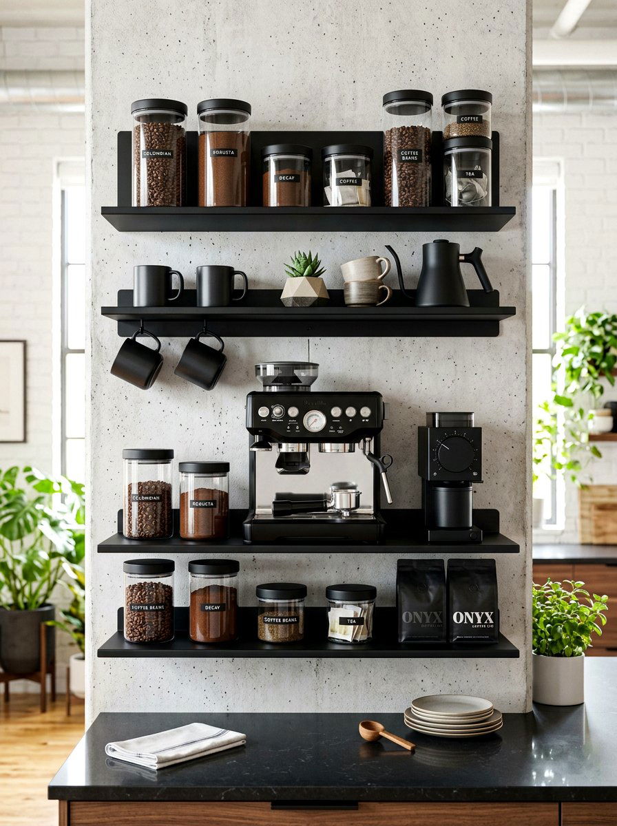 Metal floating coffee shelves - 30 coffee pantry wall ideas