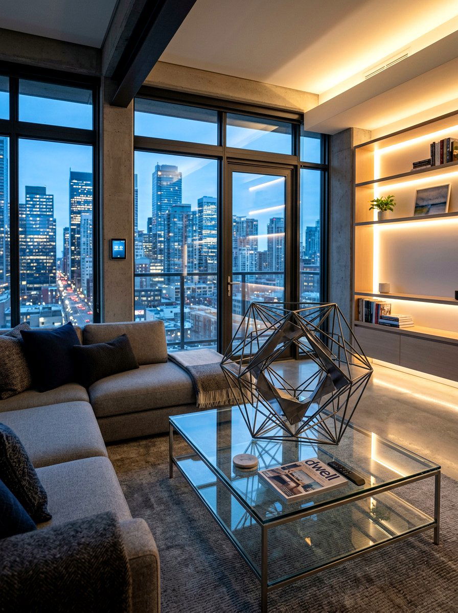 Metal geometric sculpture - 30 glass coffee table styling ideas