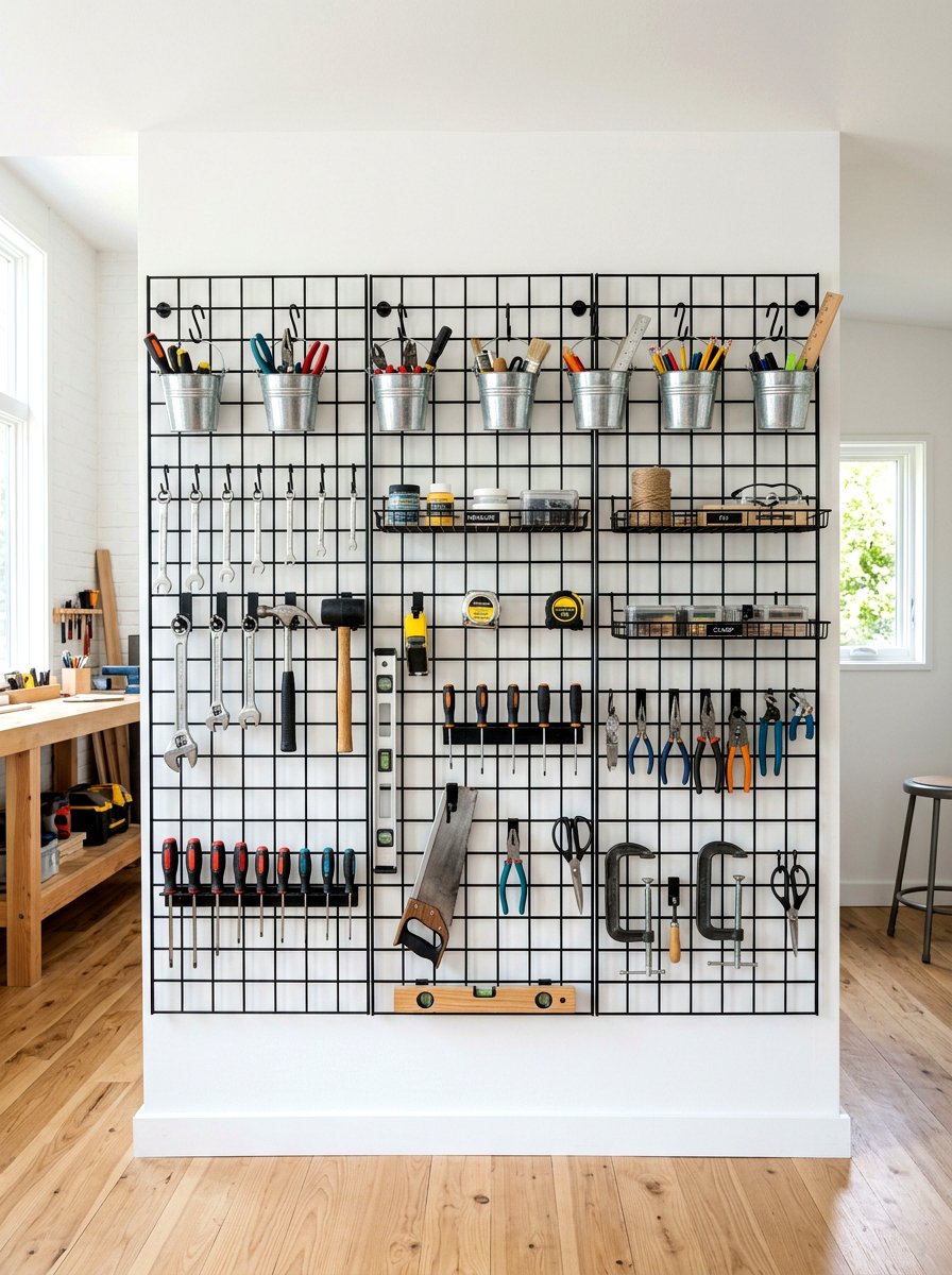 Metal grid wall organizer - 30 garden tool wall ideas