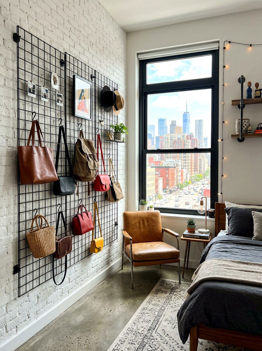 Metal grid wall - 30 handbag storage ideas