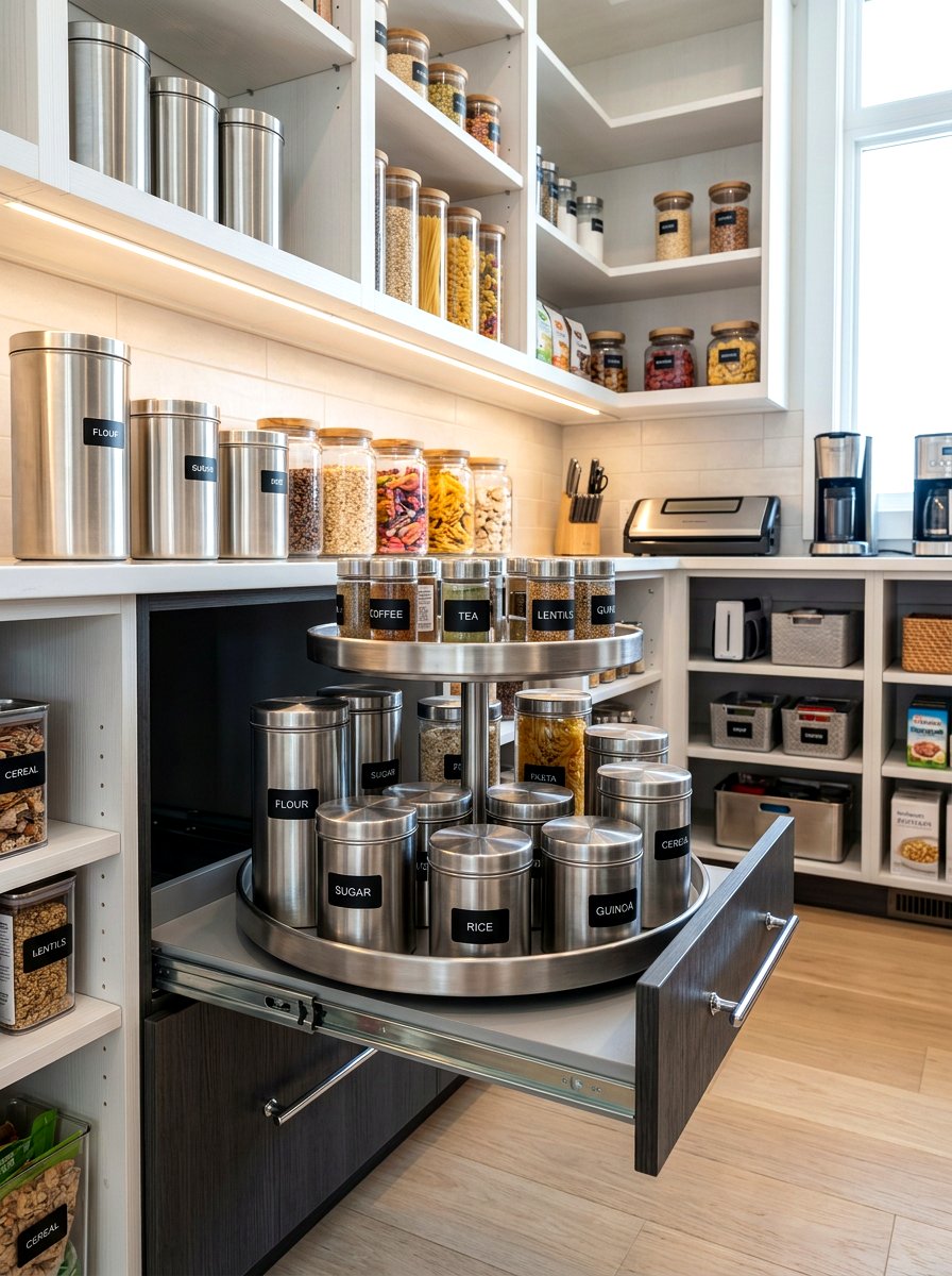 Metal lazy Susan for kitchen storage - 30 lazy Susan pantry ideas