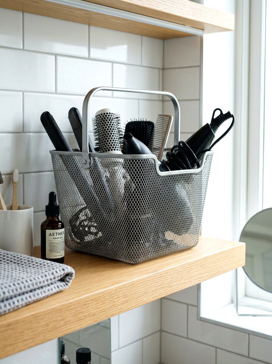 Metal mesh hair tool bin - 30 hair tool storage ideas