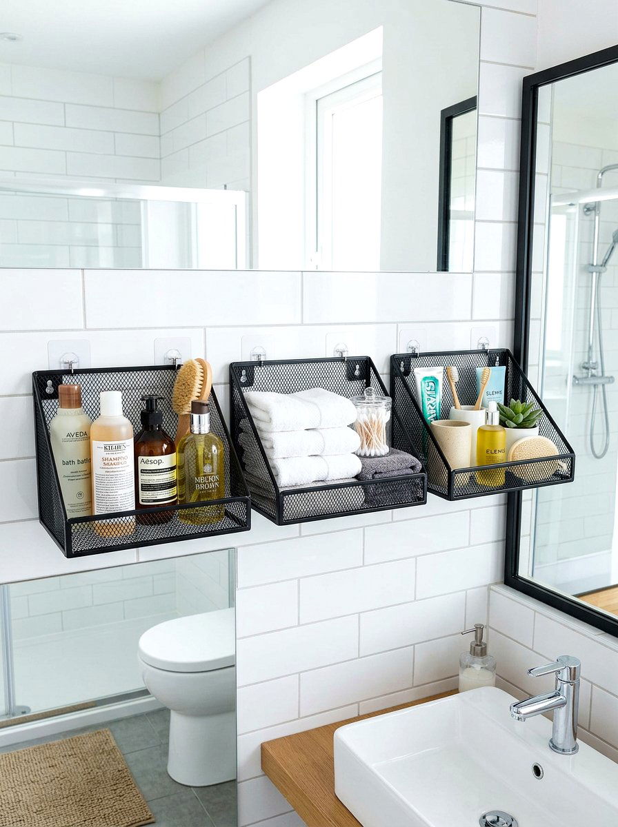 Metal mesh wall basket - 30 renter safe bathroom shelf ideas