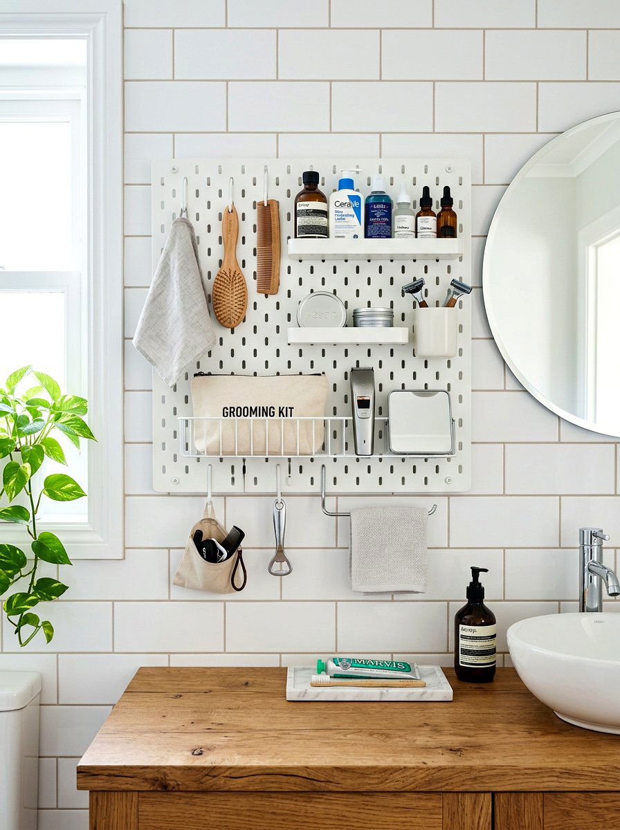 Metal pegboard wall organizer - 30 renter safe bathroom shelf ideas