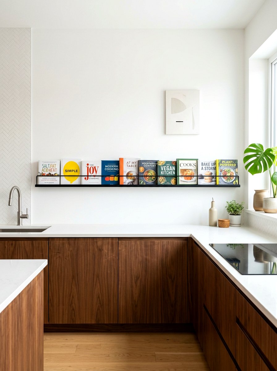 Metal picture ledge - 30 cookbook shelf kitchen ideas