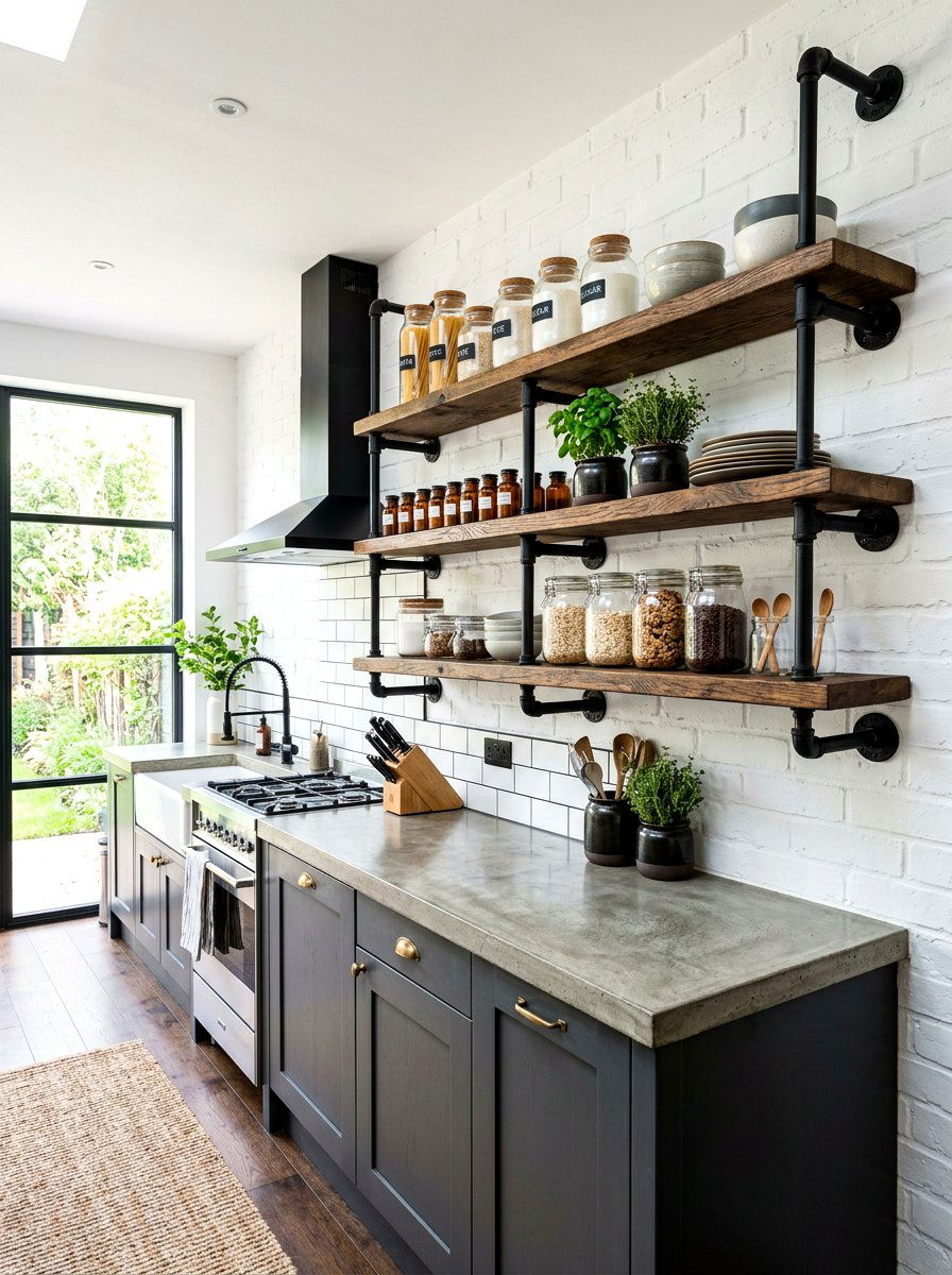 Metal pipe shelf brackets - 30 industrial farmhouse kitchen ideas