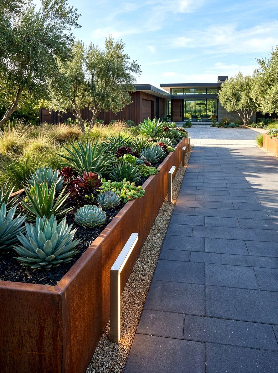 Metal planter driveway border - 30 driveway side garden ideas