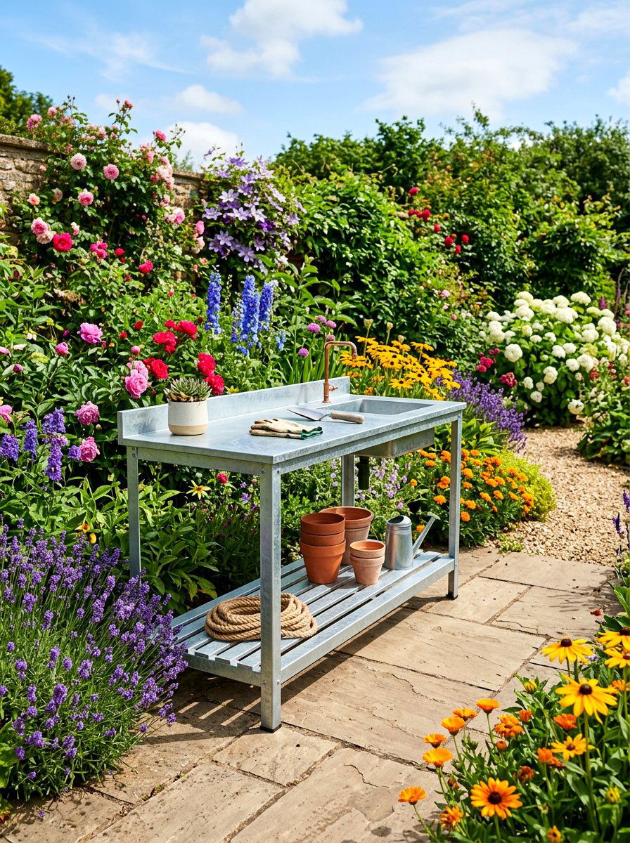 Metal potting table - 30 potting table greenhouse ideas