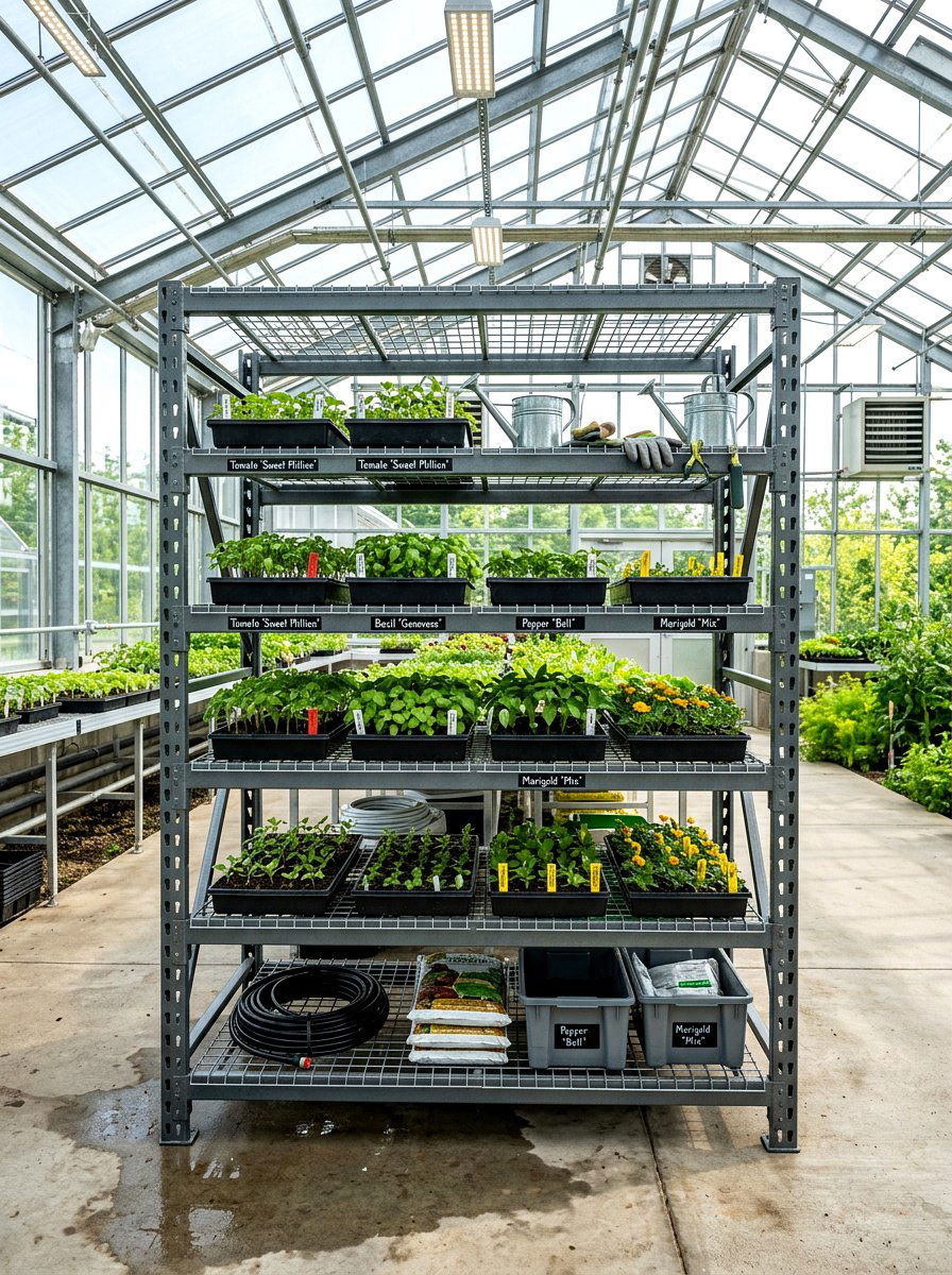 Metal shelf - 30 greenhouse storage ideas