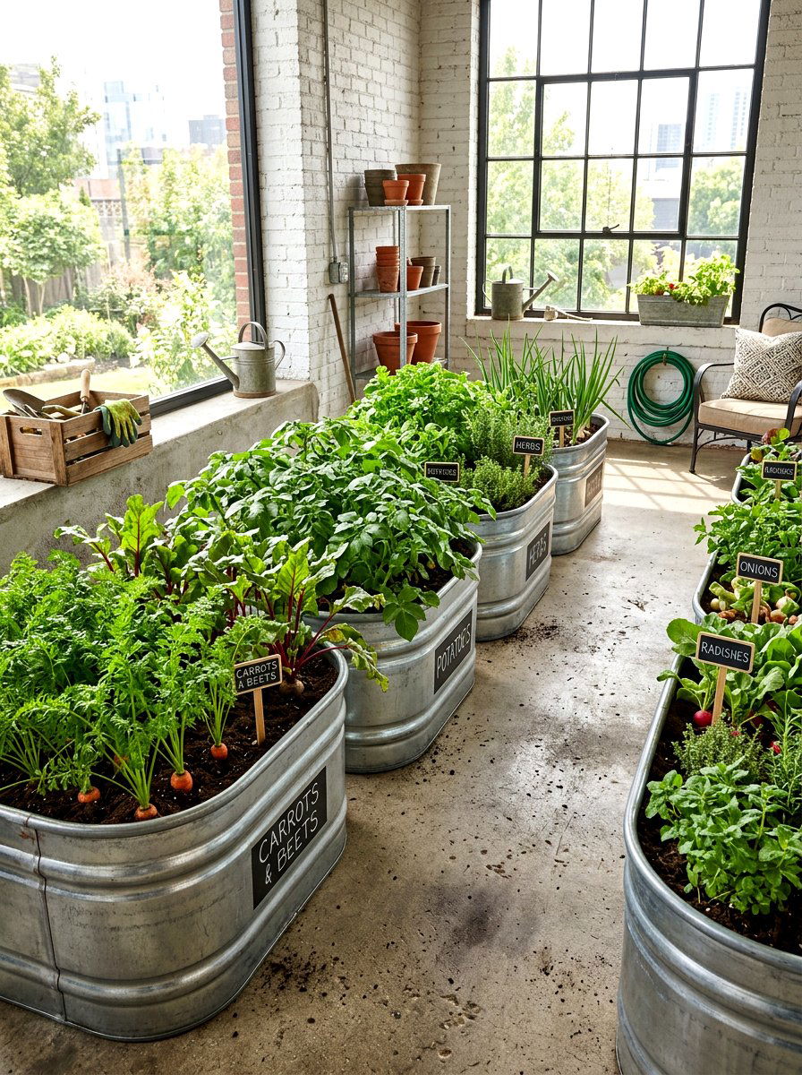 Metal trough garden - 30 patio vegetable garden ideas